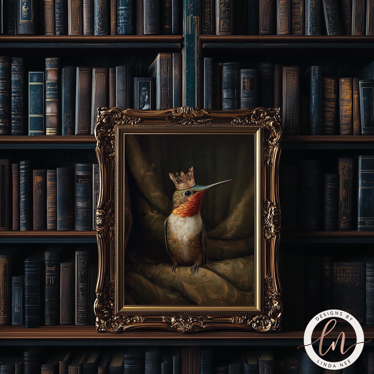 a painting of a colorful bird, possibly a hummingbird, wearing a crown and sitting on a fabric background. The painting is displayed in an ornate gold frame, which is placed in front of a bookshelf filled with books.