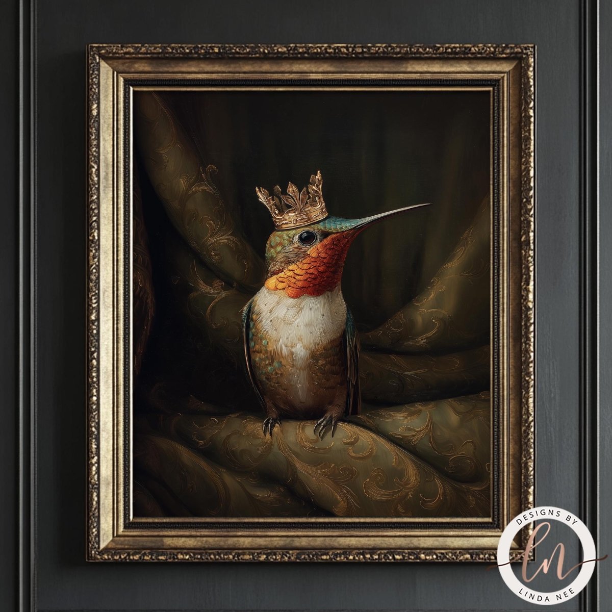A framed painting of a colorful bird, possibly a hummingbird, wearing a crown and perched on a branch.