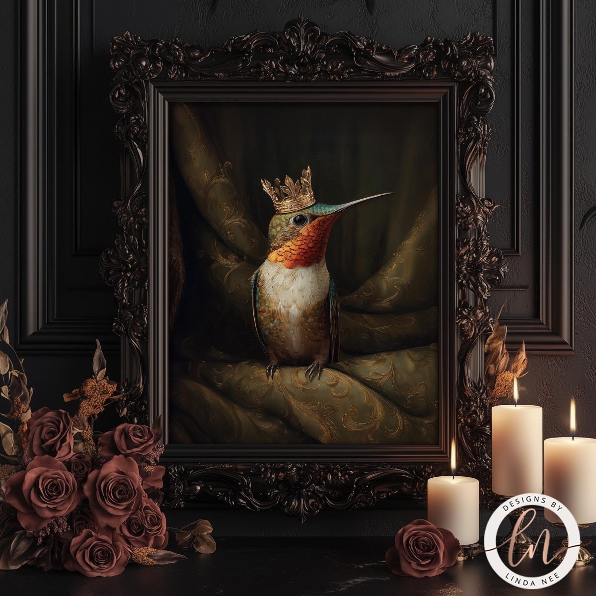a framed painting of a colorful bird wearing a crown, surrounded by candles and roses.