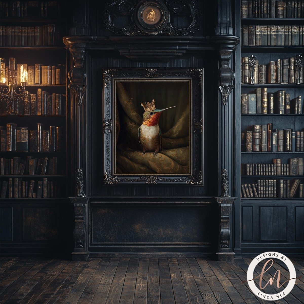 a painting of a bird, possibly a kingfisher, sitting on a branch in a dark, ornate room with bookshelves and a chandelier.