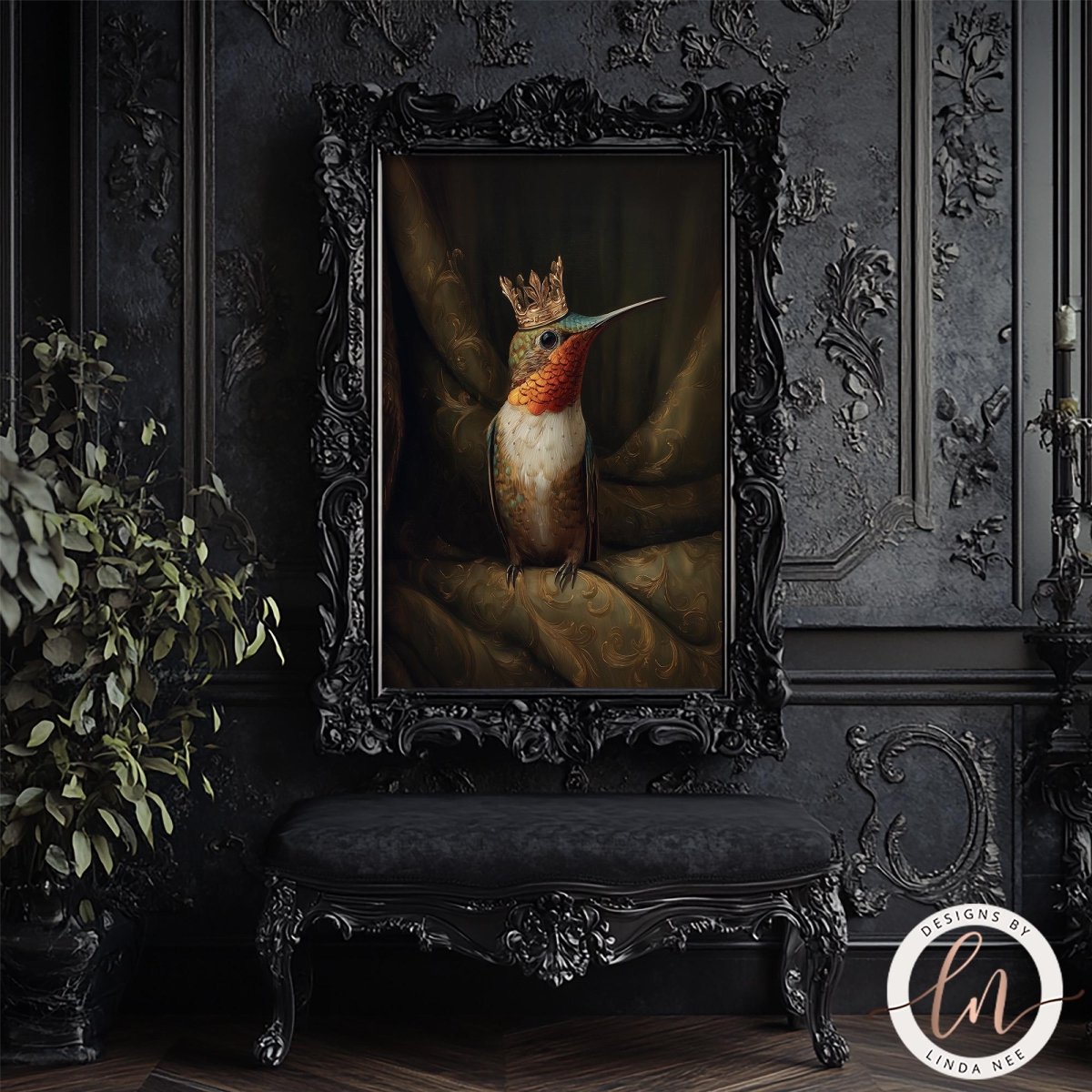 a painting of a bird wearing a crown, displayed in an ornate black frame on a dark wall.