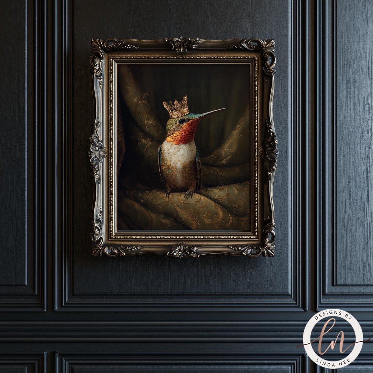 A framed painting of a colorful bird, possibly a hummingbird, wearing a crown, is displayed on a dark wall.