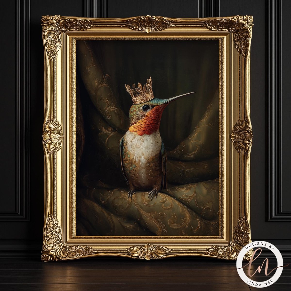 A framed painting of a colorful bird, possibly a hummingbird, wearing a crown.