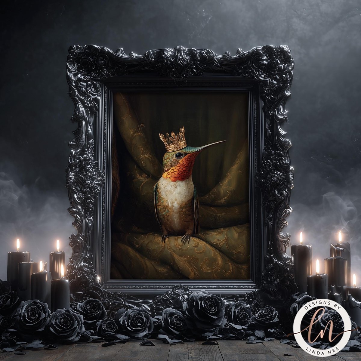 A framed painting of a bird wearing a crown, surrounded by candles and roses, set against a dark, moody background.