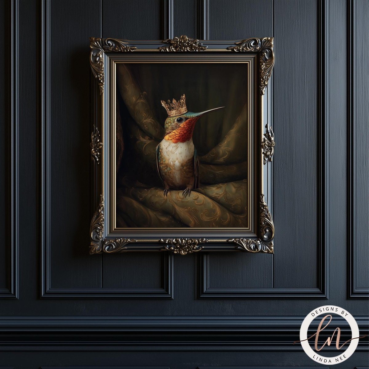 A framed painting of a colorful bird, possibly a hummingbird, wearing a crown, is displayed on a dark wooden panel.