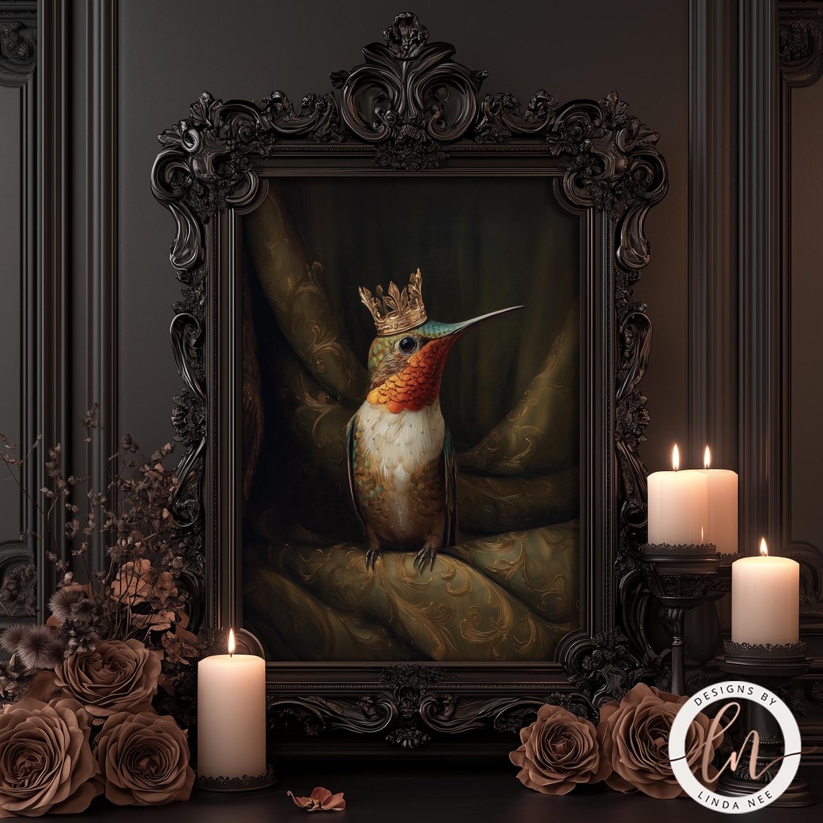a painting of a colorful bird wearing a crown, displayed in an ornate frame. The bird is sitting on a branch, surrounded by candles and flowers.
