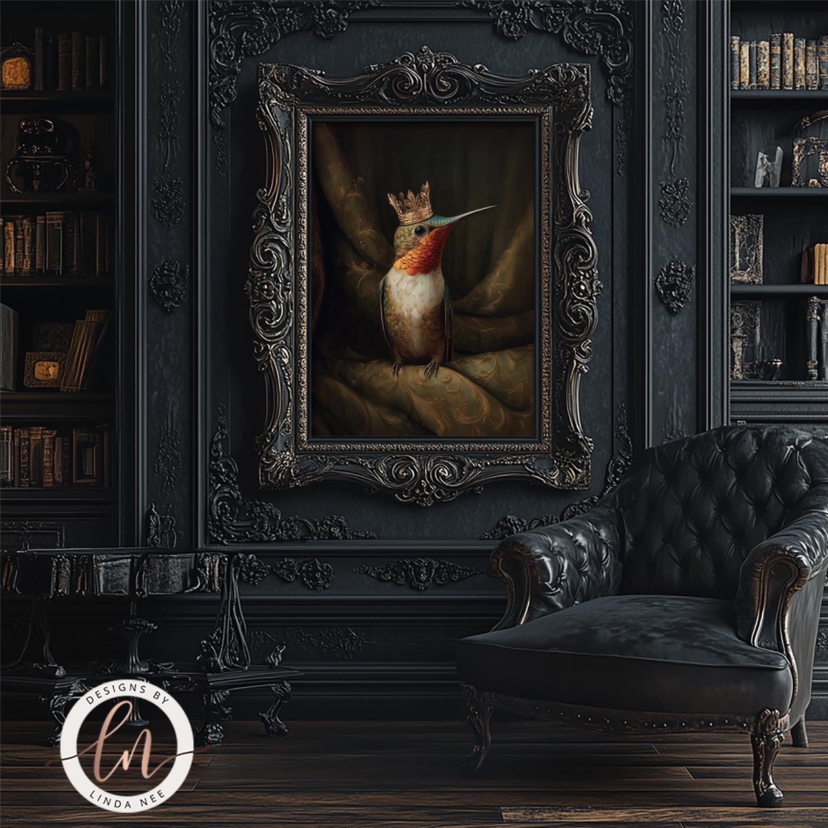 a painting of a bird, possibly a parrot, in an ornate frame, hanging on a dark wall in a room with a black leather chair and a bookshelf.