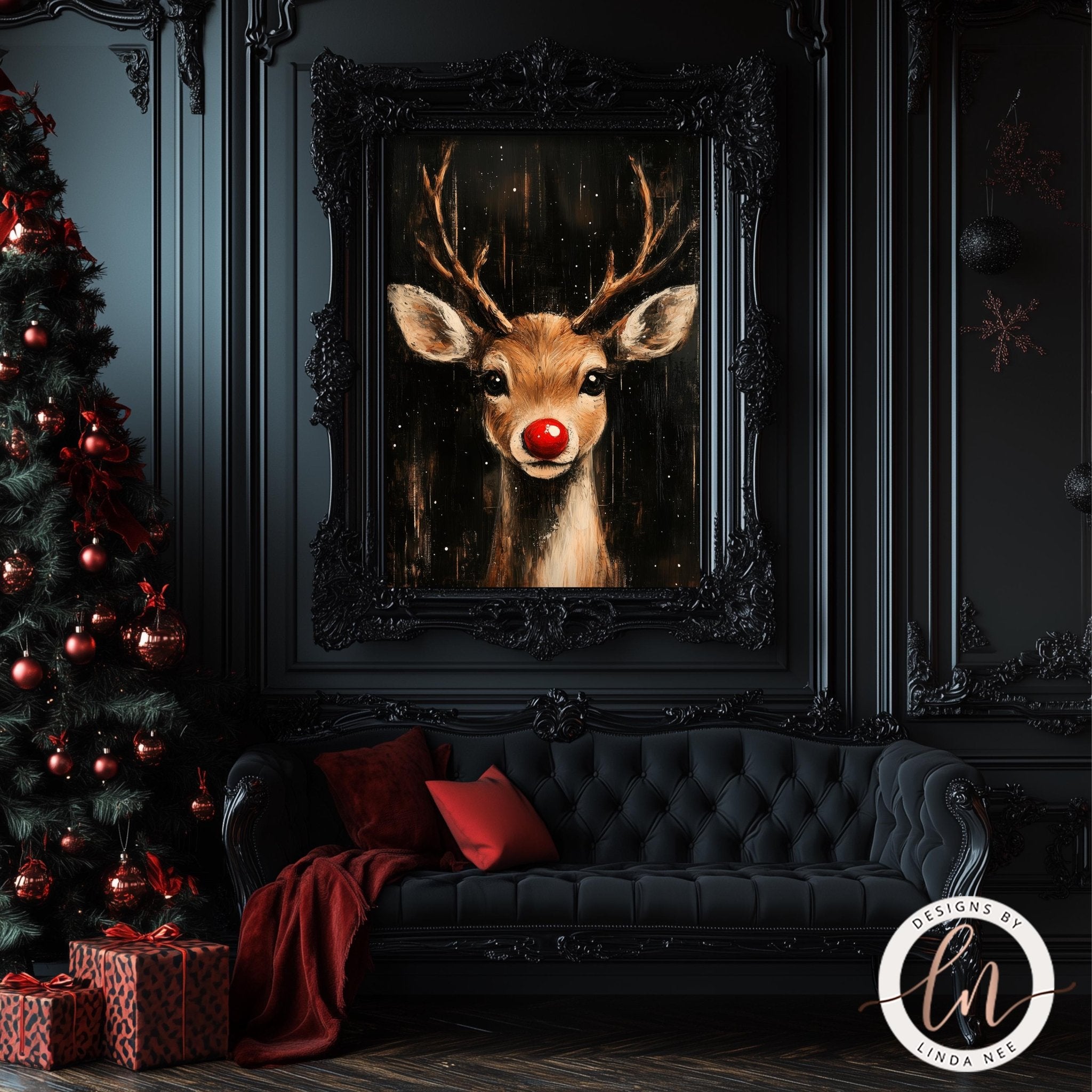 a large framed painting of a reindeer with a red nose, hanging on a dark wall above a black couch. The painting is surrounded by red and gold ornaments, and there are also red and gold presents placed on the floor next to the couch.