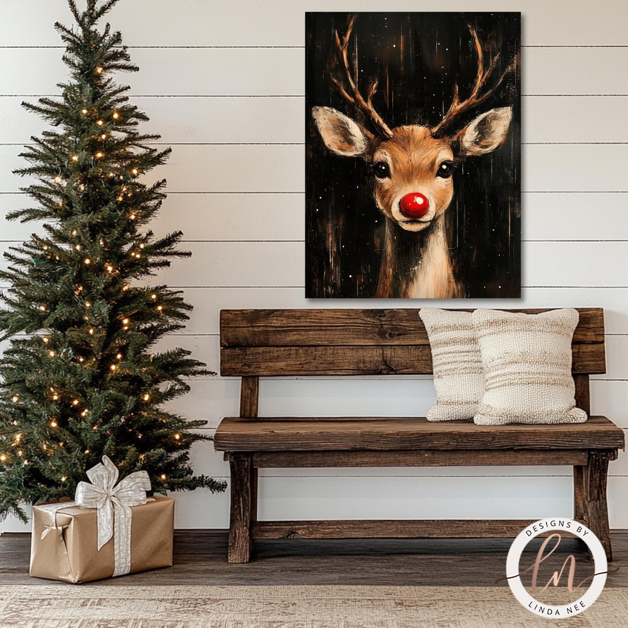 a cozy Christmas scene with a wooden bench, a decorated Christmas tree, and a framed painting of a reindeer with a red nose.