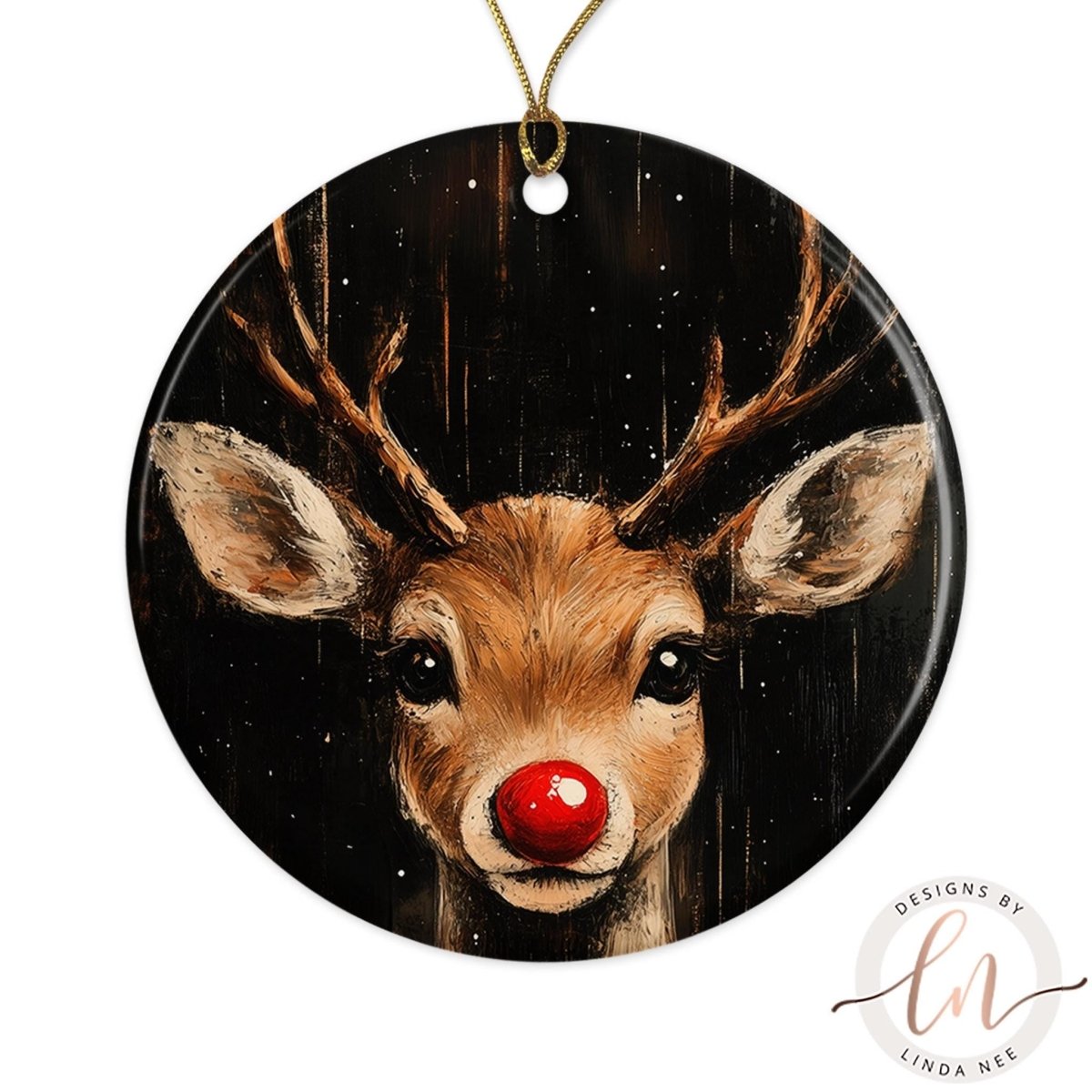 Round ceramic Christmas ornament featuring a realistic Rudolph reindeer with a glowing red nose by Designs by Linda Nee.