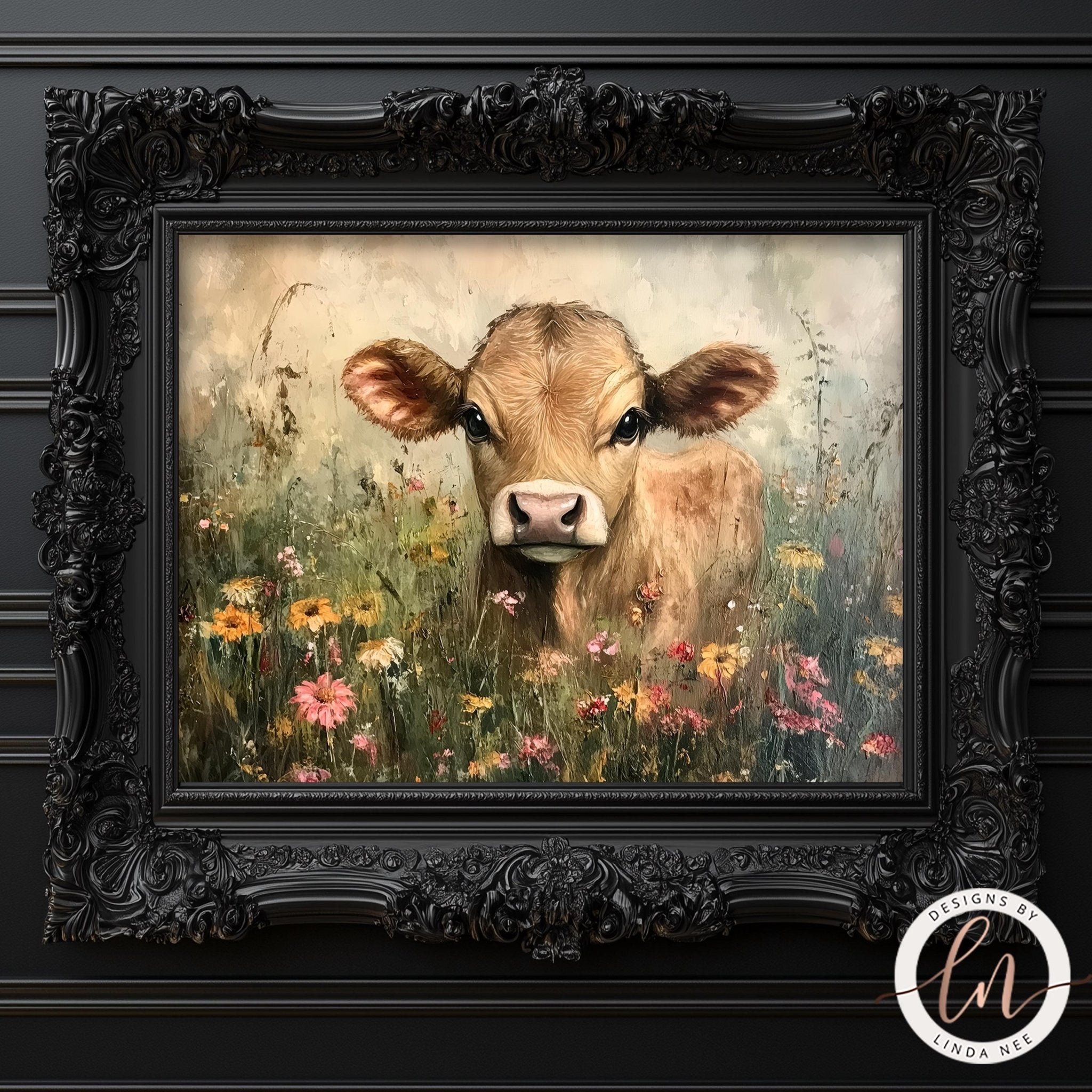 A framed painting depicting a cow surrounded by a field of colorful flowers.