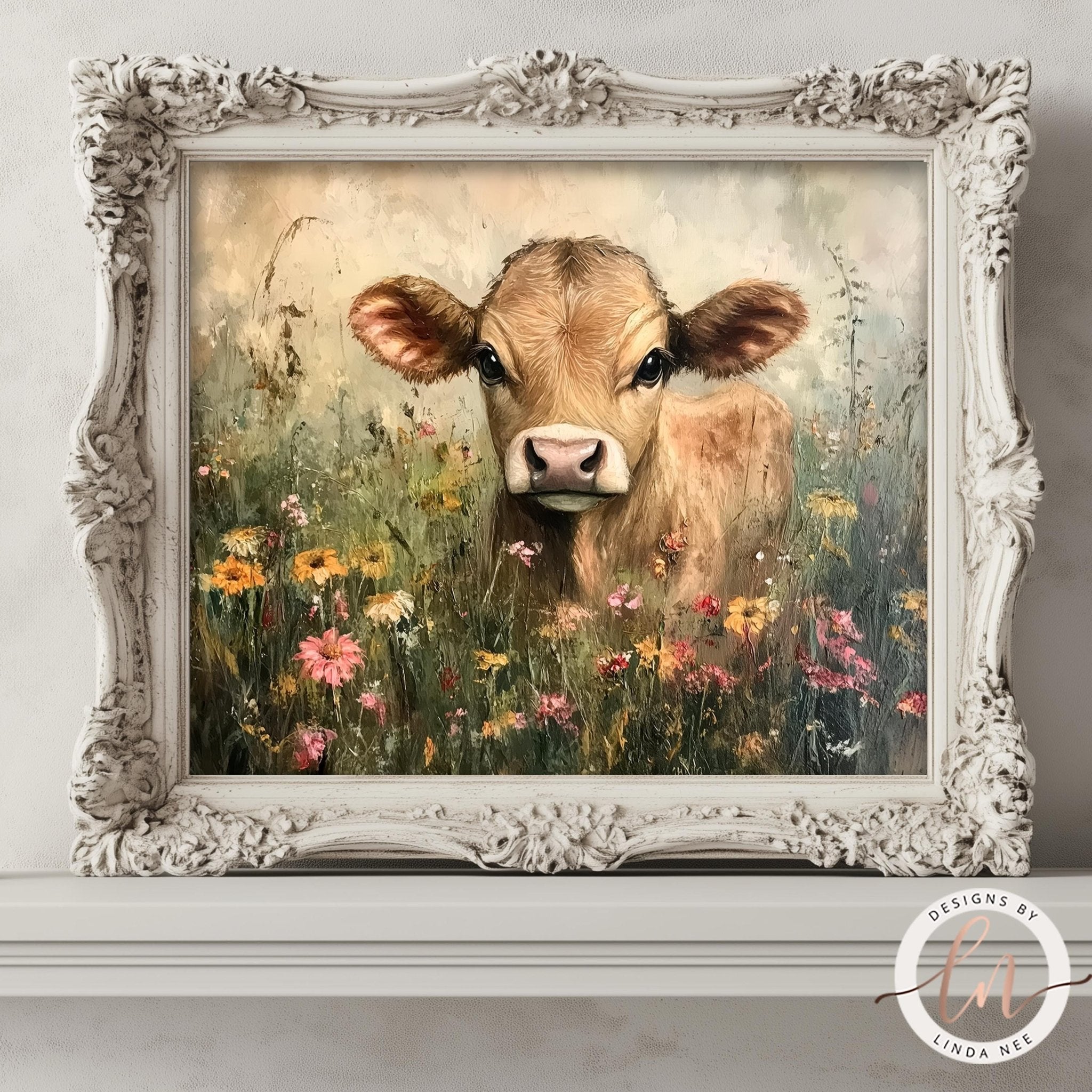 A framed painting depicting a cow surrounded by a field of colorful flowers.