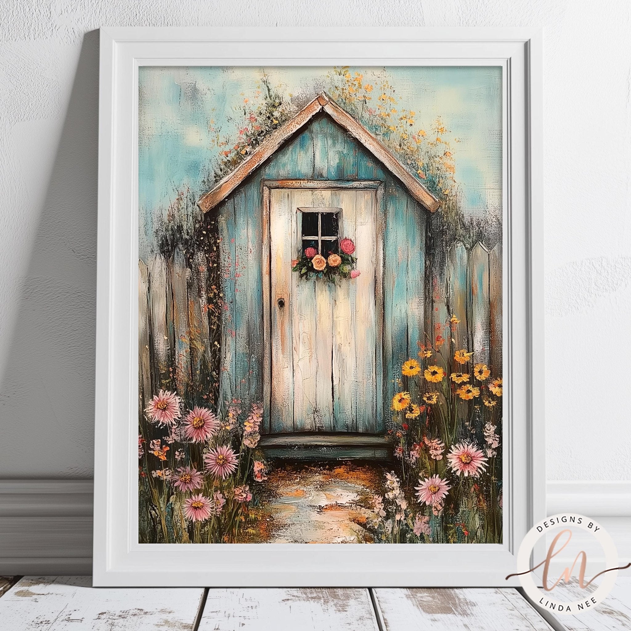 A framed painting depicting a quaint, weathered wooden shed surrounded by a vibrant garden filled with colorful flowers.