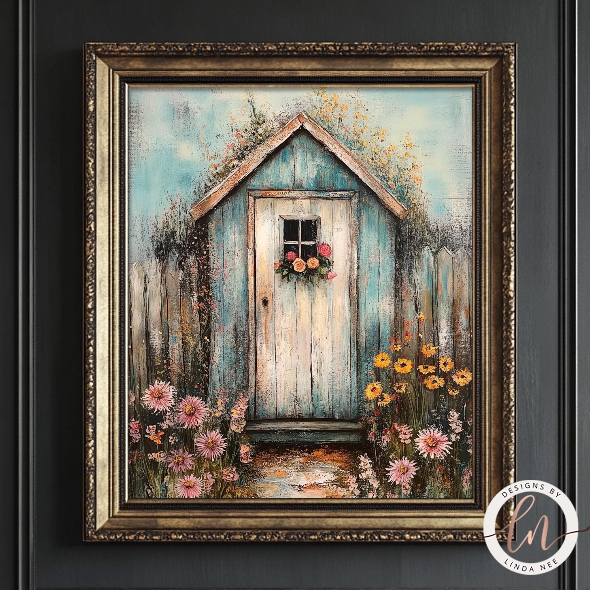 a charming blue wooden shed with a flower-adorned door, surrounded by a vibrant garden filled with pink and yellow flowers.