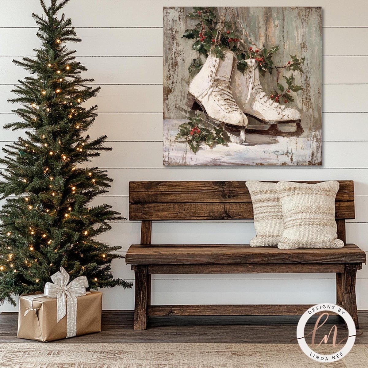 a cozy Christmas scene with a decorated Christmas tree, a wooden bench, and a framed painting of a pair of white skis hanging on the wall.
