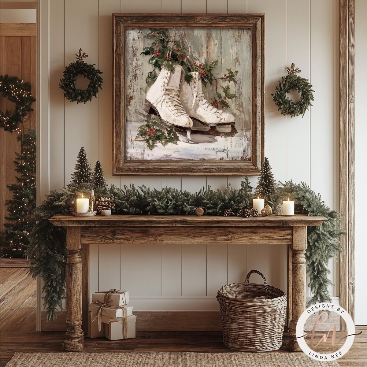 a festive holiday scene with a wooden console table adorned with holiday decorations, including a pair of white ice skates, pine cones, and candles. Above the table, a framed painting of a pair of ice skates is displayed, adding a touch of holiday charm to the room.