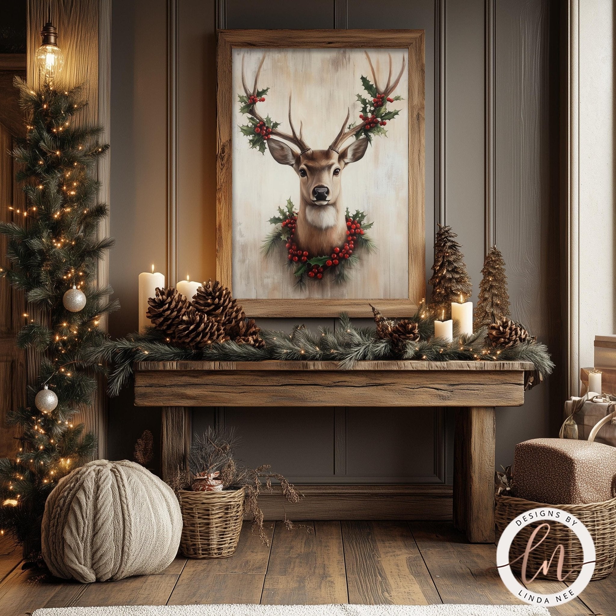 a cozy and festive Christmas scene with a wooden console table adorned with pine cones, pine branches, and a wreath. Above the console table hangs a framed picture of a deer with antlers, surrounded by a garland of red berries and greenery. The room is decorated with Christmas lights and ornaments, creating a warm and inviting atmosphere.