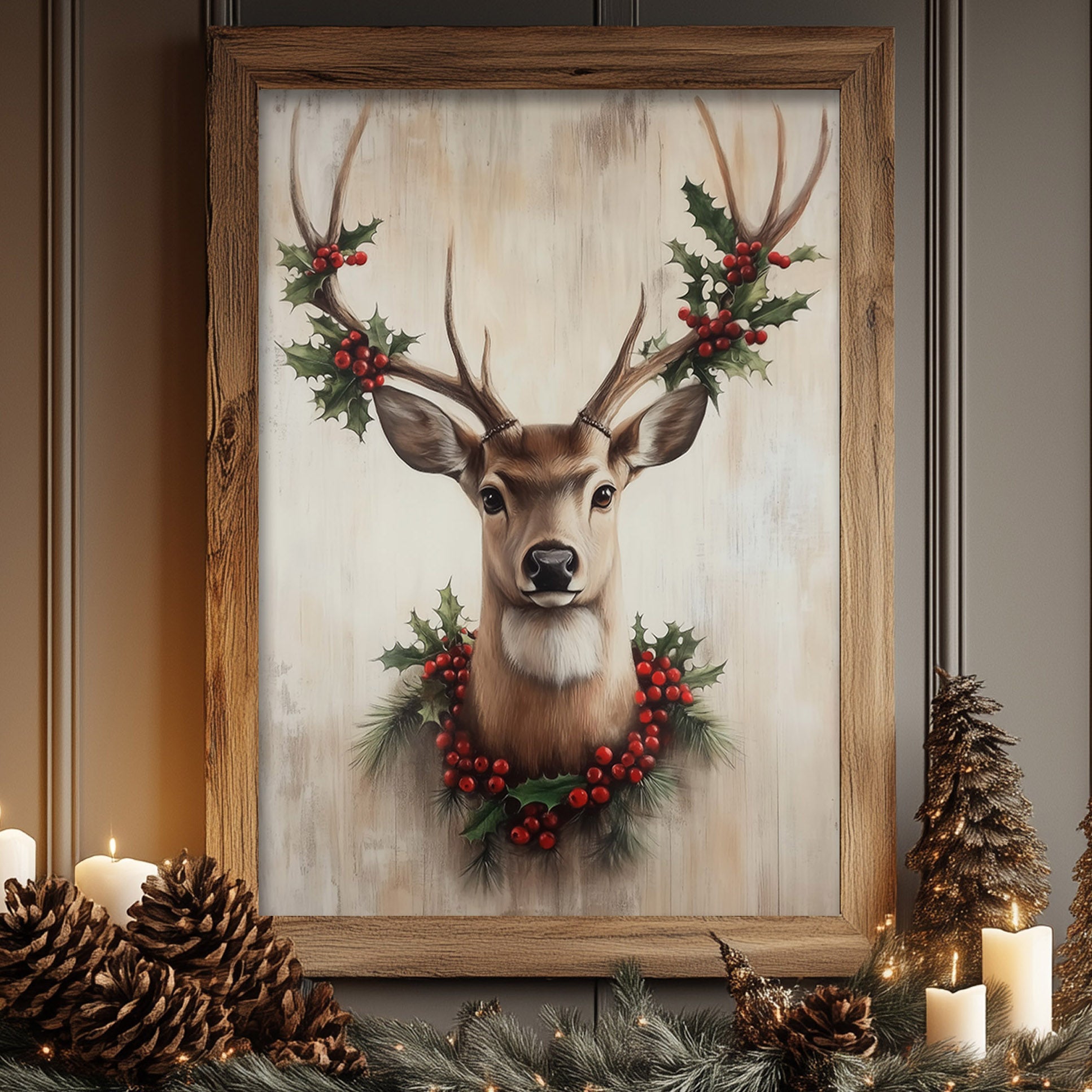 A framed painting of a deer with antlers and a holly wreath around its neck, set against a wooden background.
