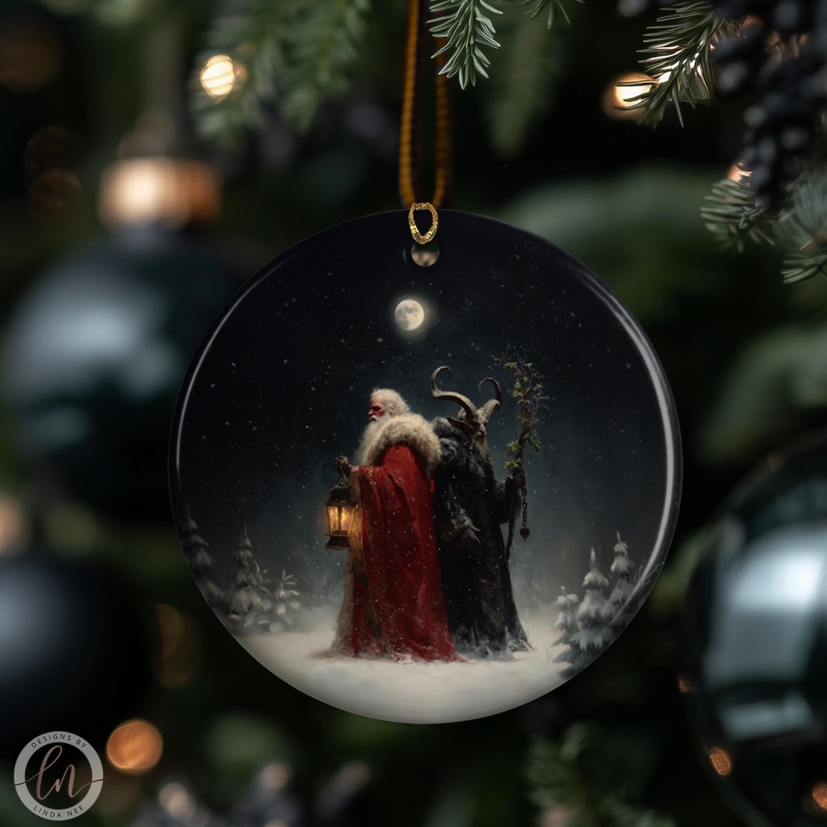 A Christmas ornament featuring a scene with Santa Claus and a dark figure, possibly a devil or witch, against a snowy winter landscape with a full moon.