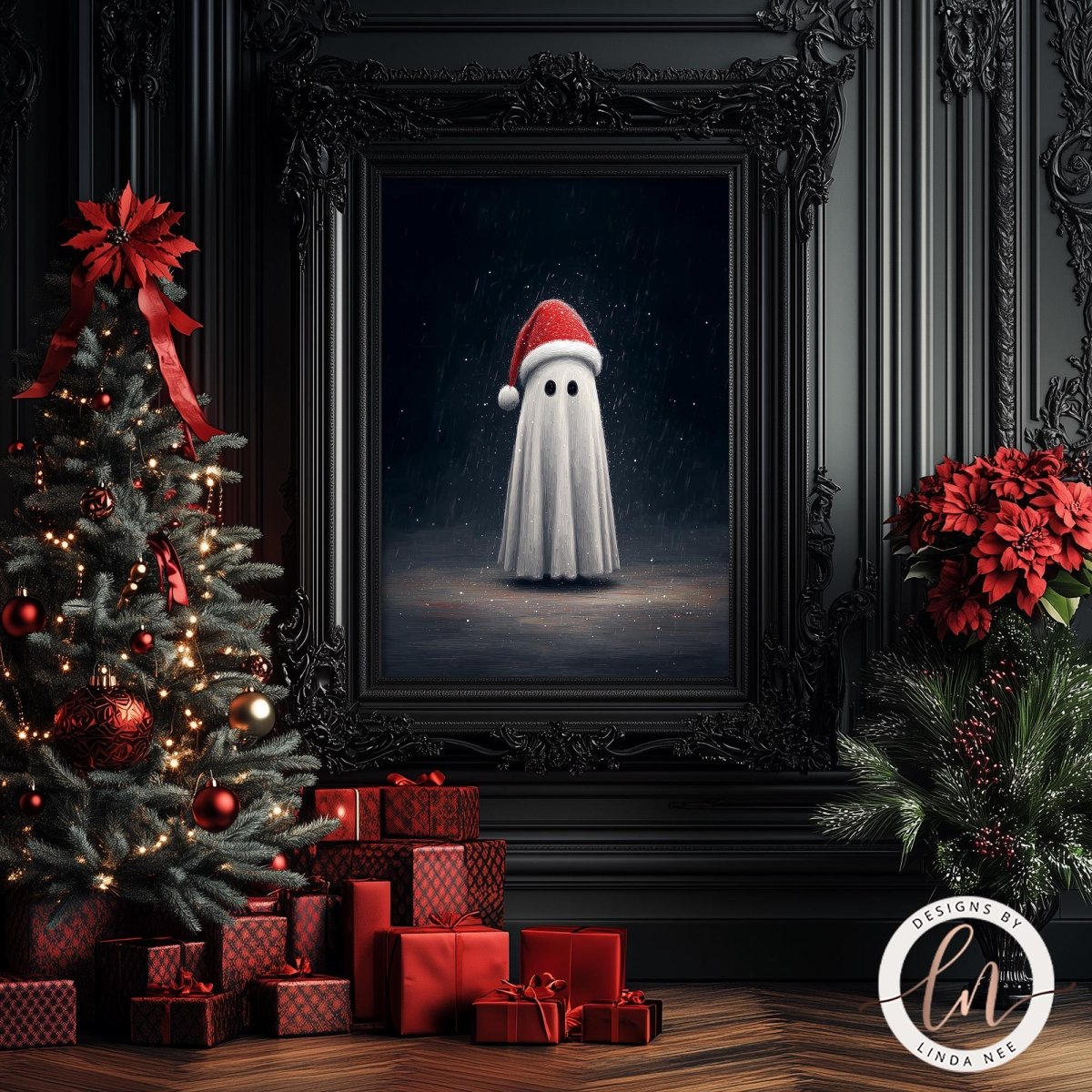 a Christmas tree with red ornaments, a framed ghost wearing a Santa hat, and a pile of red presents on a wooden floor.