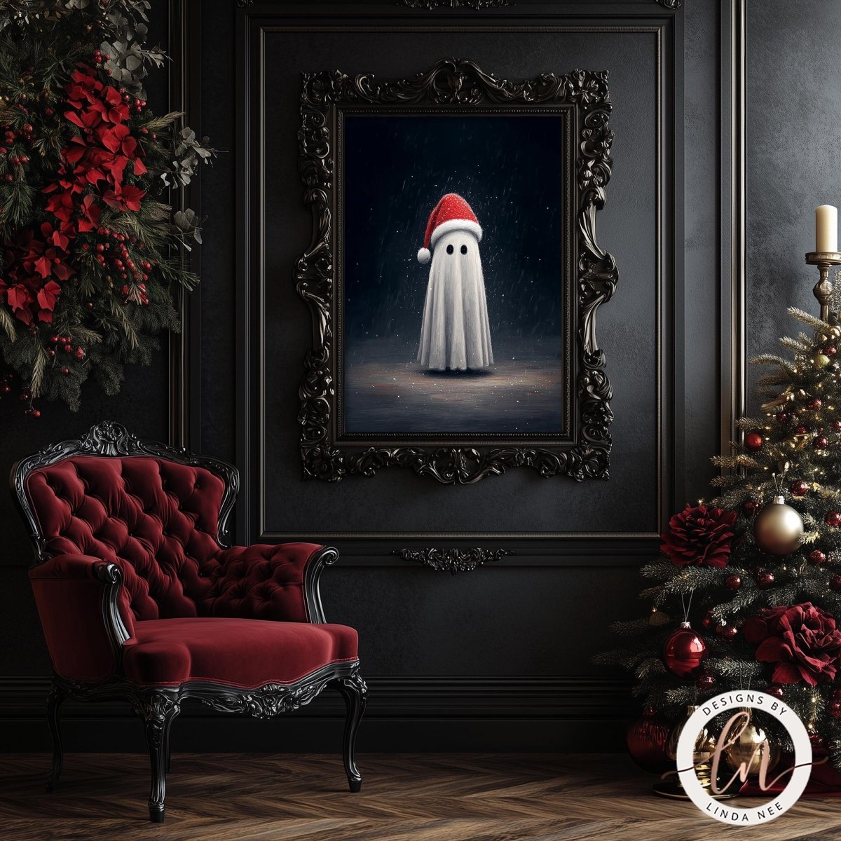 a red velvet chair, a framed painting of a ghost wearing a Santa hat, and a Christmas tree decorated with red and gold ornaments.