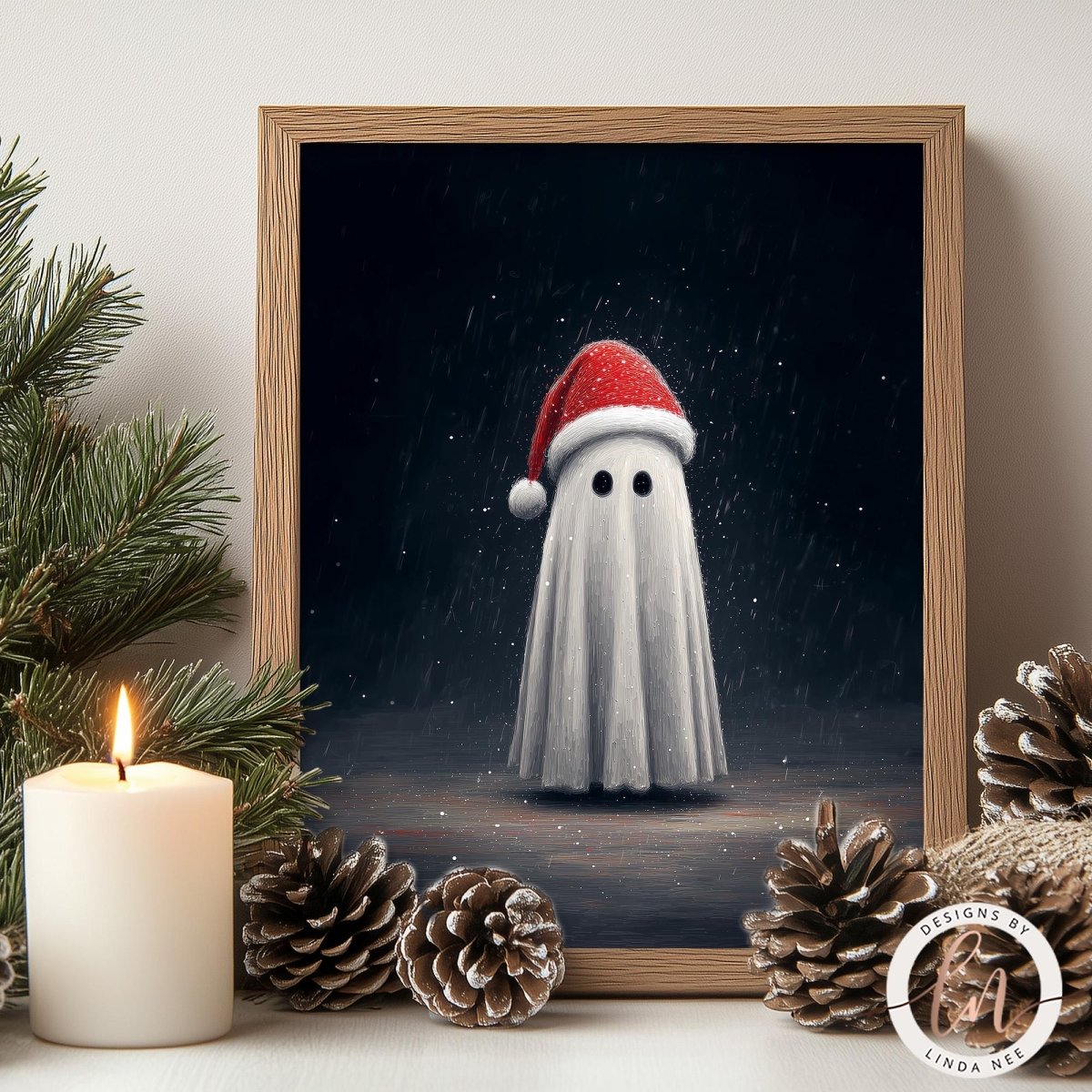 A framed painting of a ghost wearing a Santa hat is displayed on a shelf, surrounded by pine cones and a lit candle.