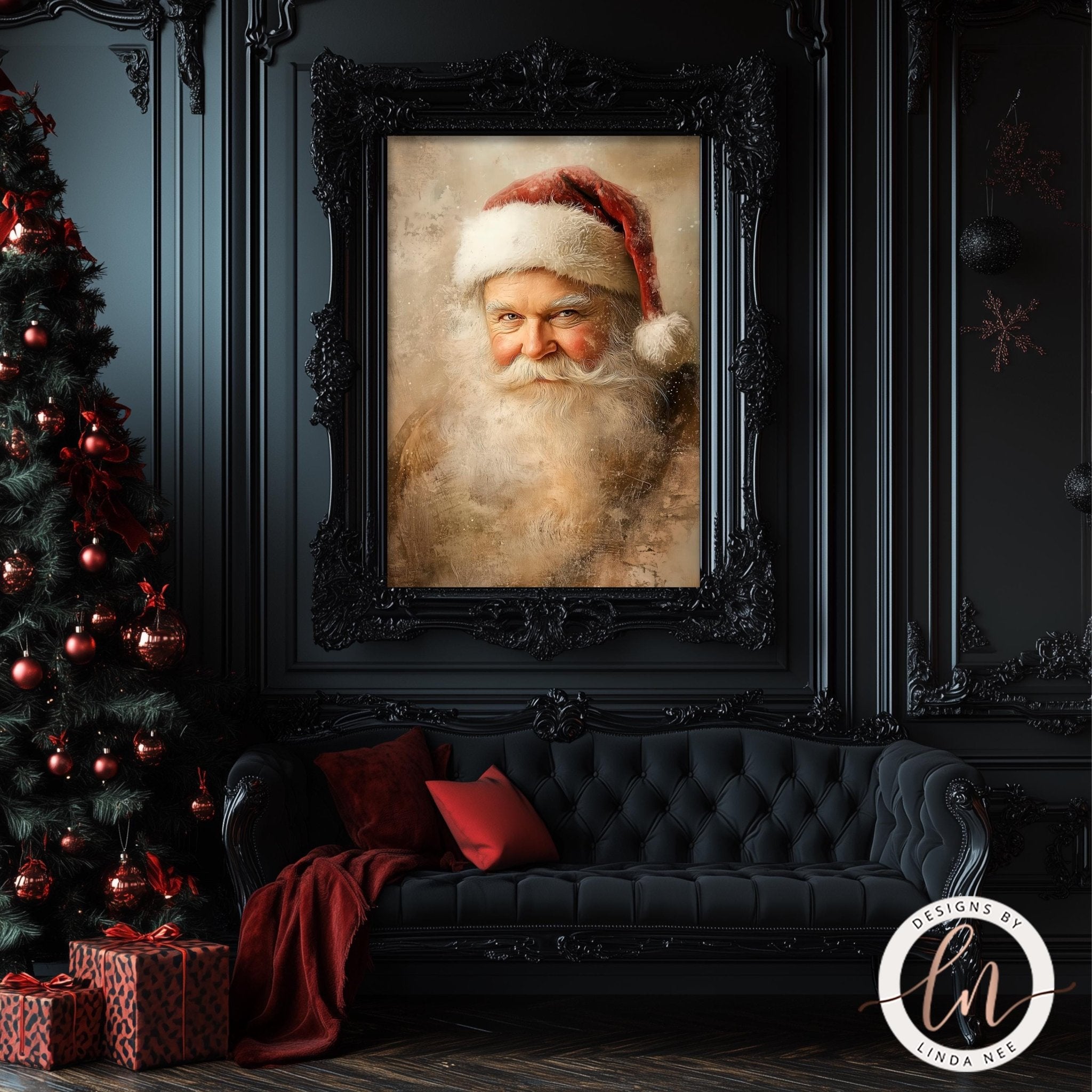 a large framed painting of Santa Claus wearing a red hat, hanging on a dark wall above a black couch with red pillows.