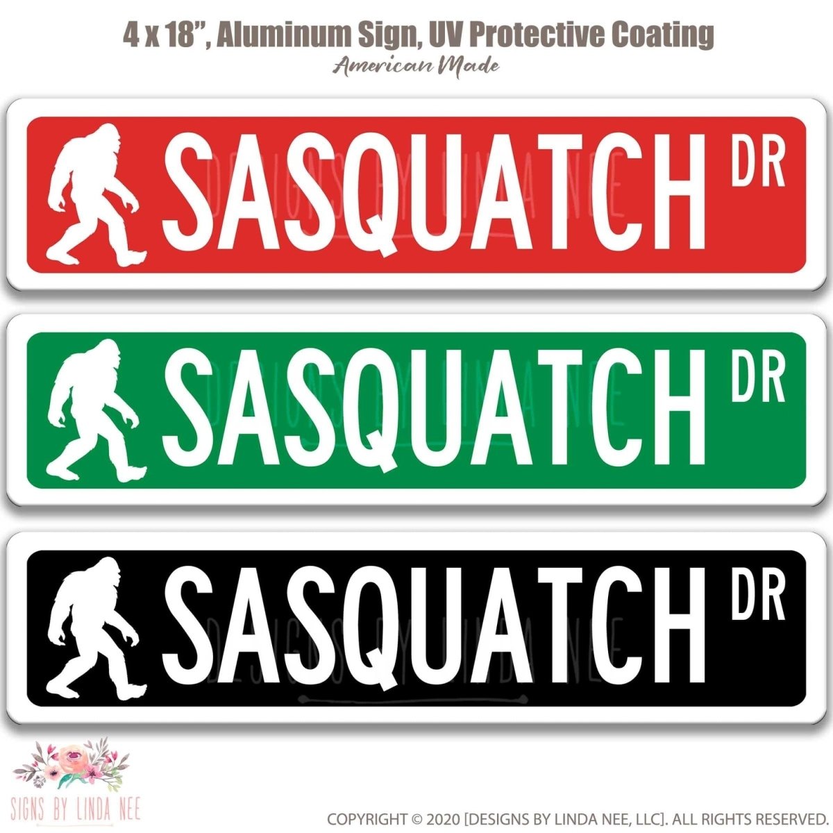 Sasquatch street name sign shown in three aluminum color options, alternate layout