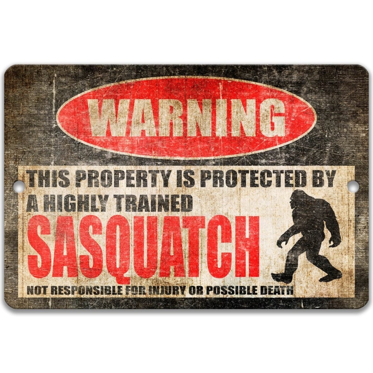 Sasquatch warning metal sign, glossy black, red WARNING oval and sasquatch silhouette, alternate finish