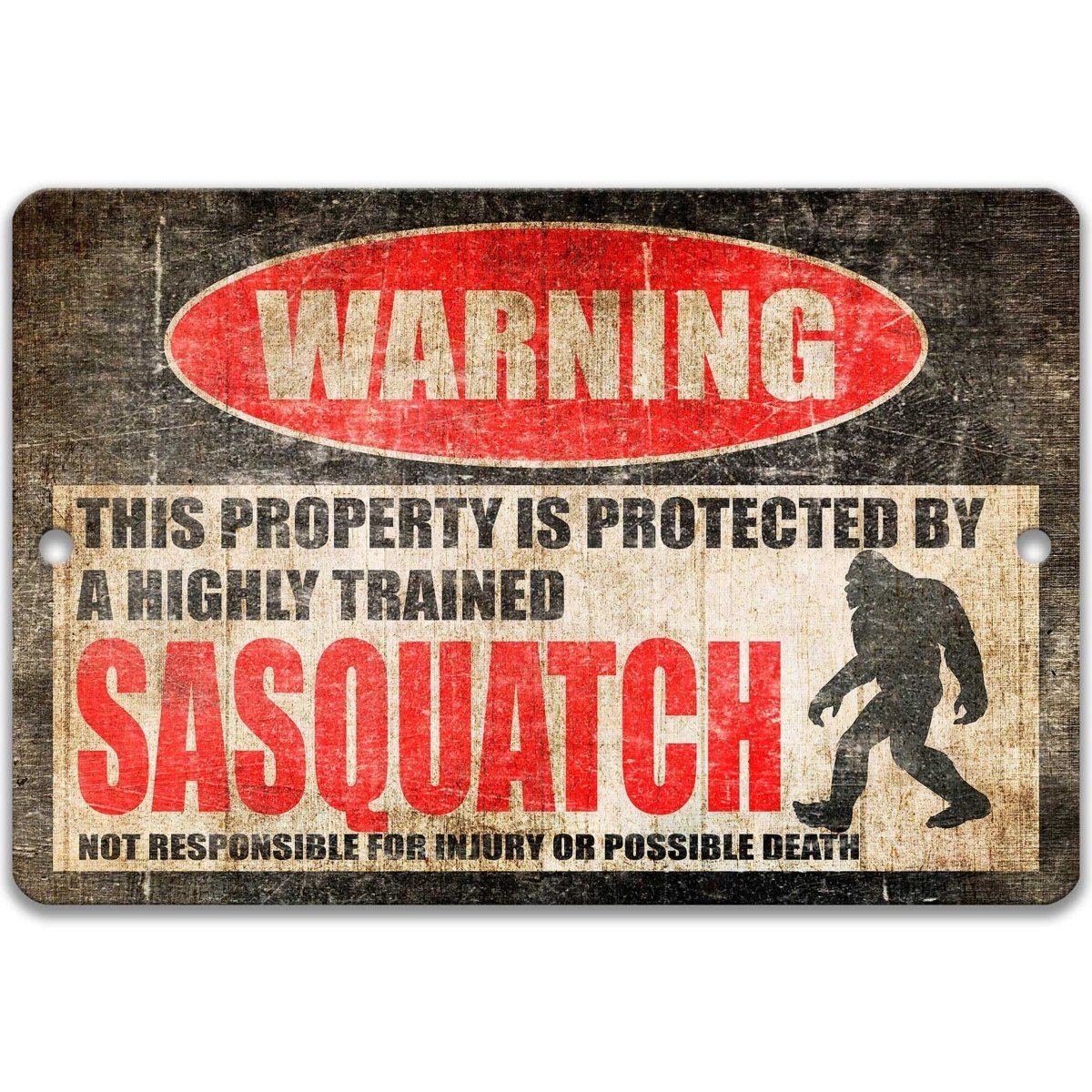 Sasquatch warning metal sign, glossy black, red WARNING oval and shaggy Sasquatch silhouette