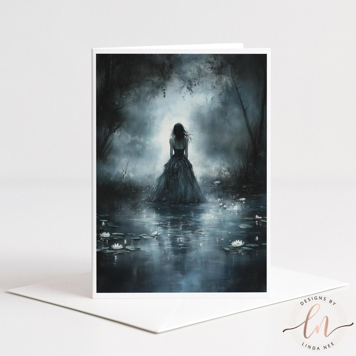 A woman in a flowing dress stands in a misty, ethereal forest, surrounded by floating lily pads and a serene, otherworldly atmosphere.