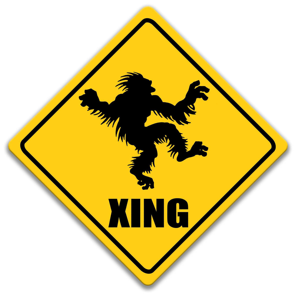 Skunk Ape crossing caution sign, yellow diamond road sign with black Bigfoot-like silhouette and XING lettering