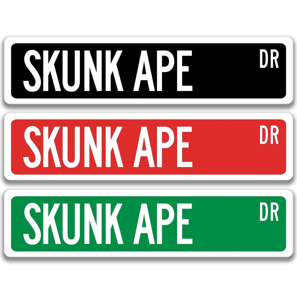 Skunk Ape street name sign shown in three aluminum color options, alternate layout