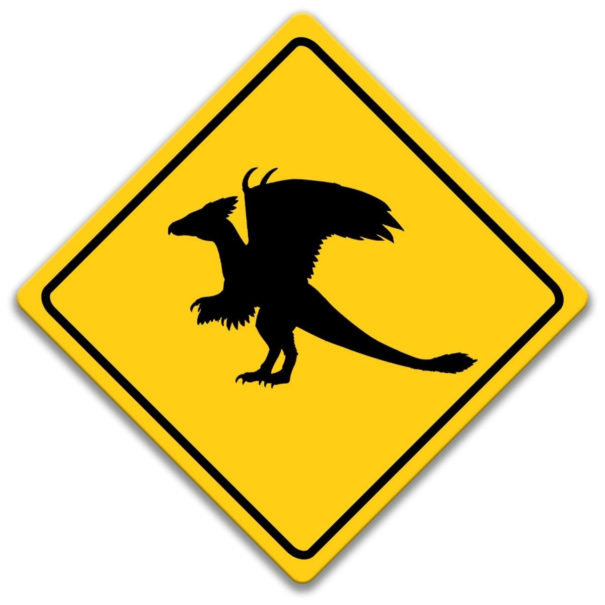 Snallygaster crossing caution sign, yellow diamond shape, bold black winged cryptid silhouette