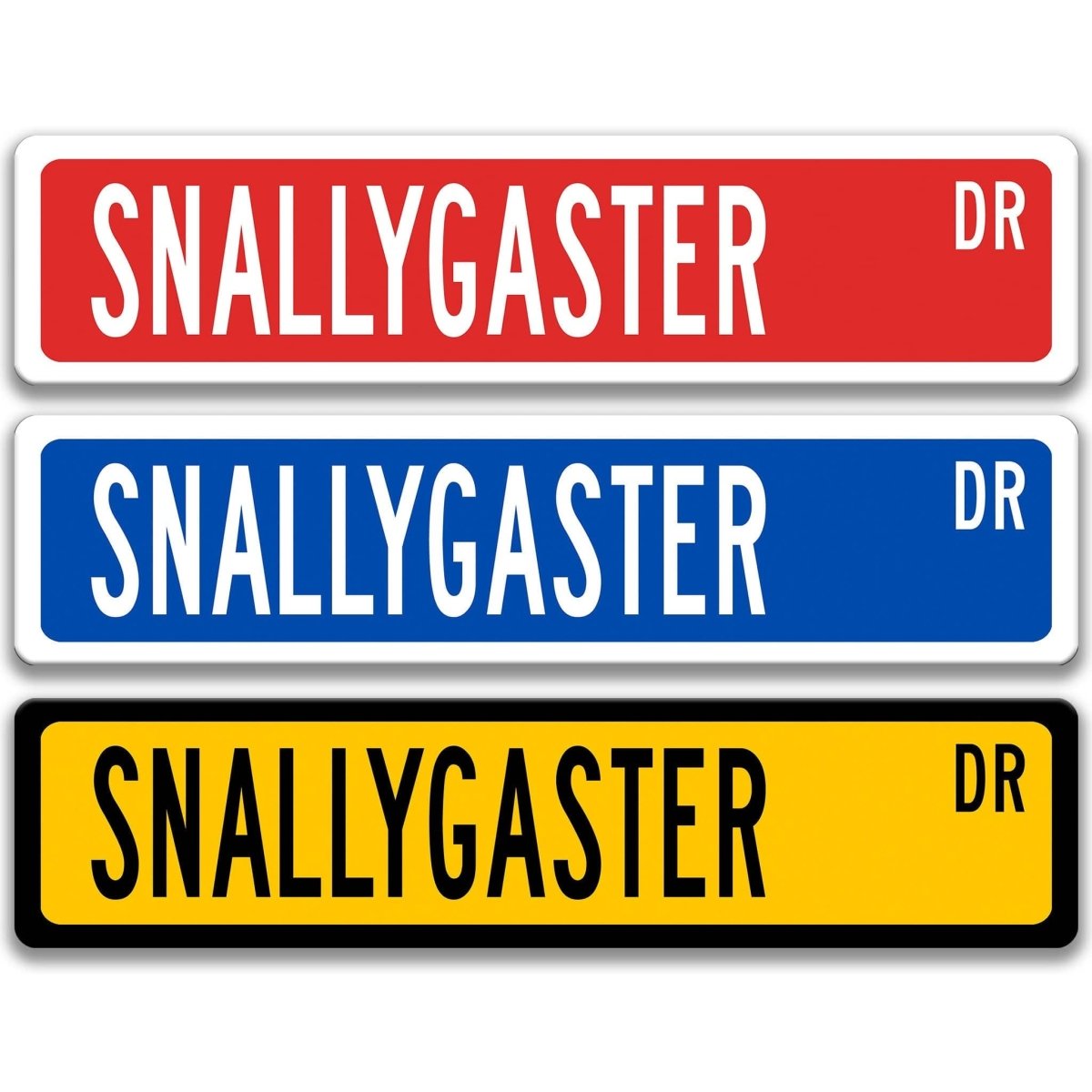 Snallygaster street name sign shown in three aluminum color options, alternate layout