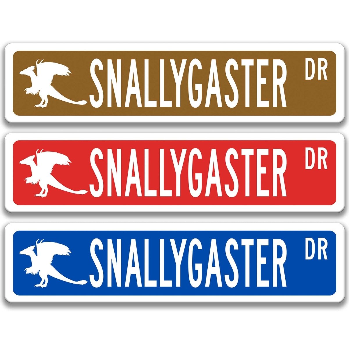 Snallygaster street name sign shown in three aluminum color options