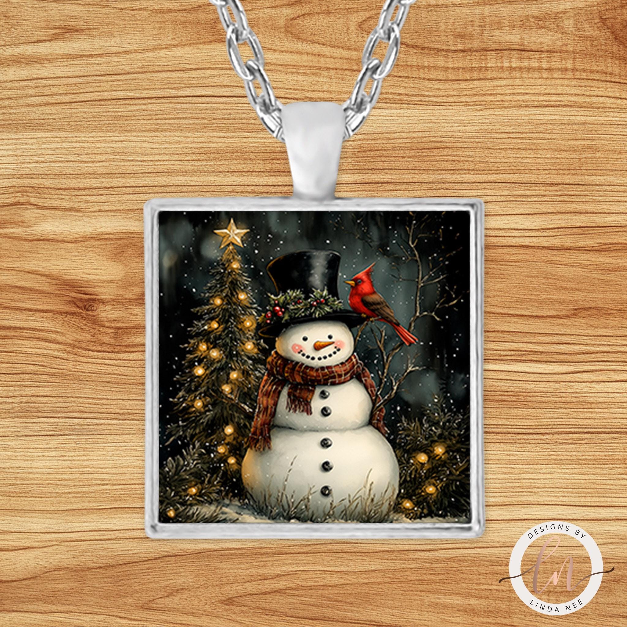 Snowman and Cardinal Pendant - Vintage Christmas Necklacegifts
