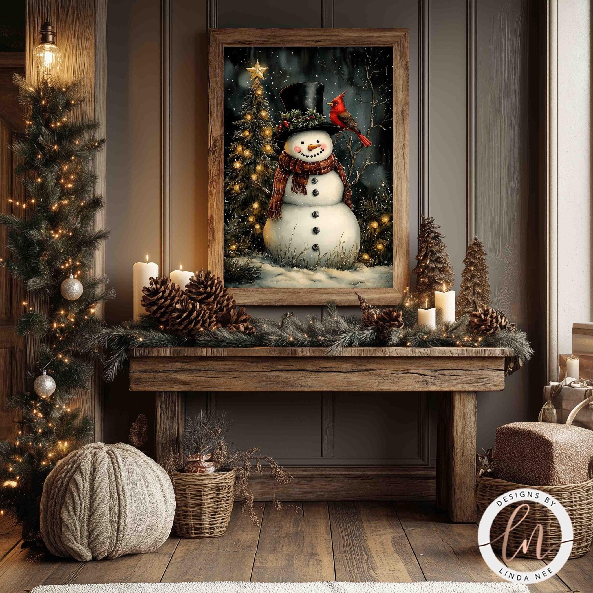 a cozy and festive Christmas scene with a snowman, a decorated Christmas tree, and various holiday decorations such as pine cones, ornaments, and a wreath. The snowman is wearing a top hat and scarf, and there is a red cardinal perched on its head. The scene is set against a backdrop of a wooden wall with a framed picture of a snowman, creating a warm and inviting atmosphere.