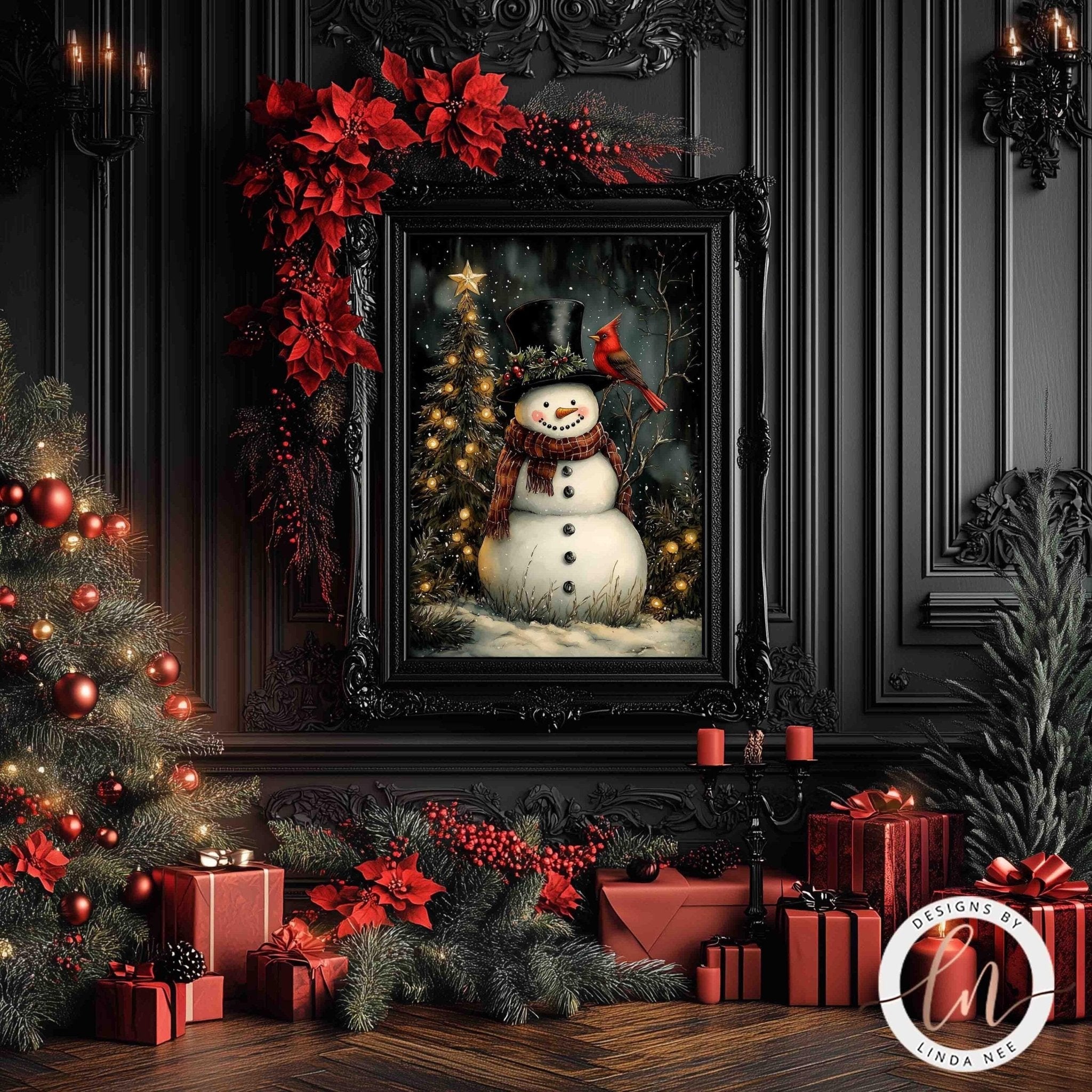 A festive Christmas scene with a snowman, a decorated Christmas tree, and red poinsettias adorning the wall. The snowman is wearing a top hat and scarf, and there are red presents and a red bow on the floor.