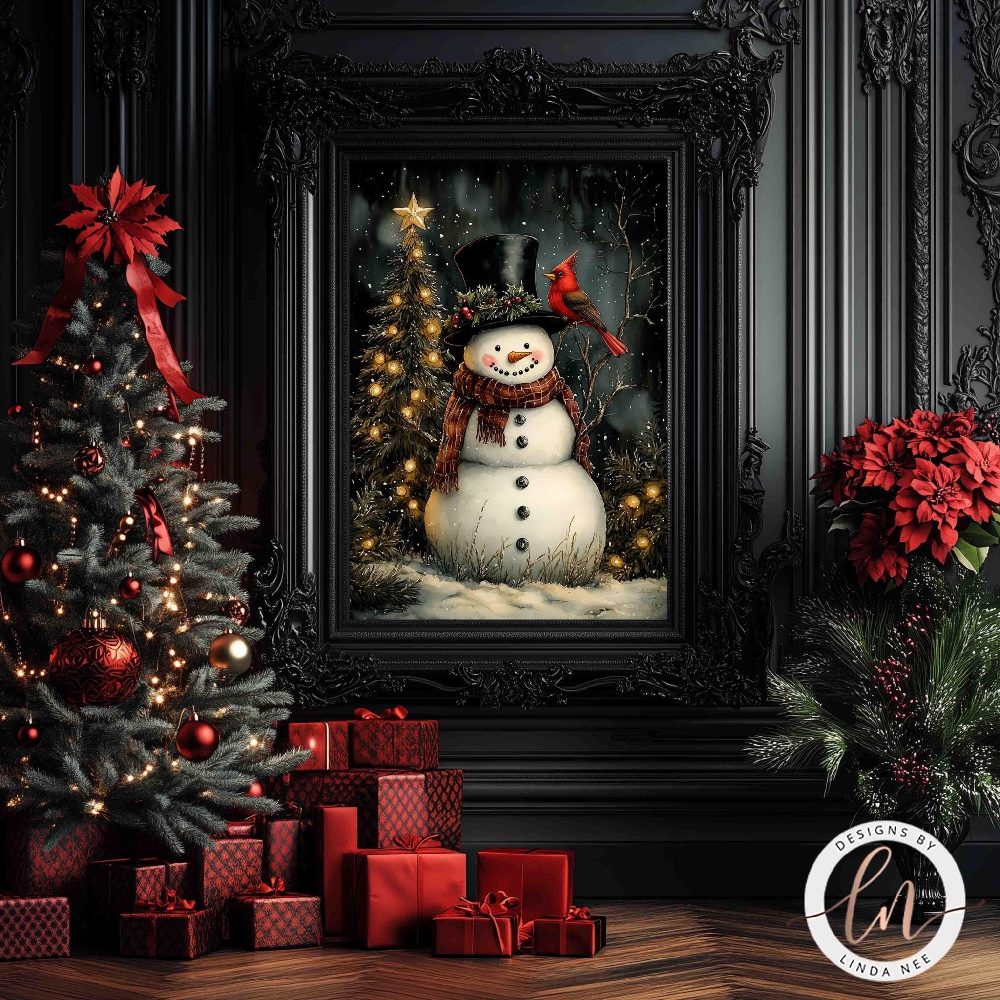 A festive Christmas scene with a snowman, a decorated Christmas tree, and a framed picture of a snowman. The snowman is wearing a top hat and scarf, and there are red presents and a poinsettia plant in the background.