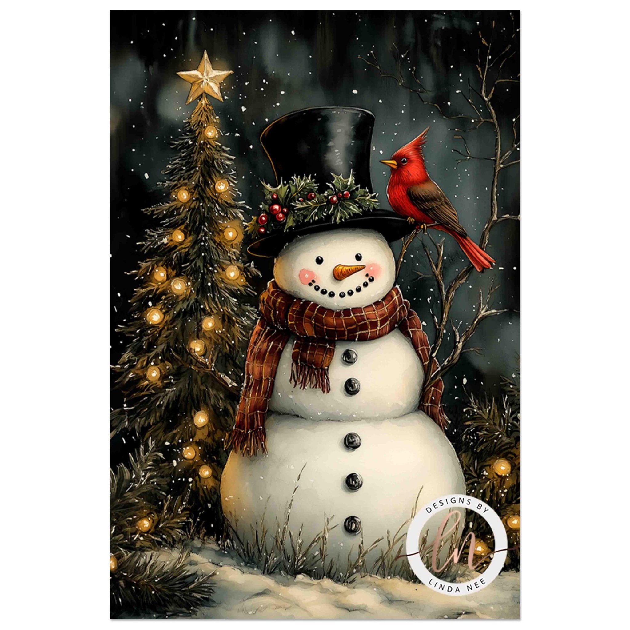 A snowman wearing a top hat and scarf stands in front of a Christmas tree, with a red cardinal perched on its head.