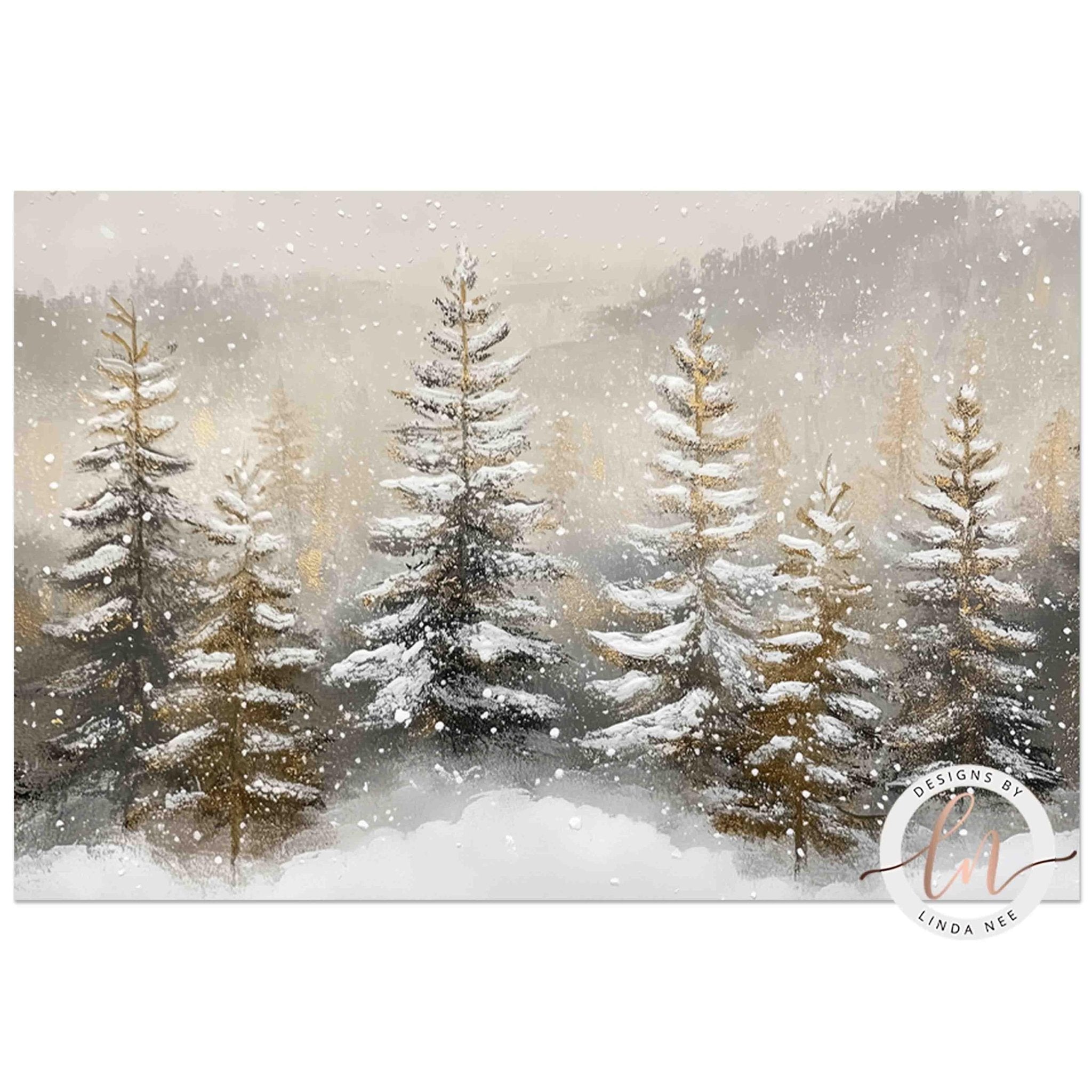 Snowy Christmas Trees - Green & Copper Winter Wall Art