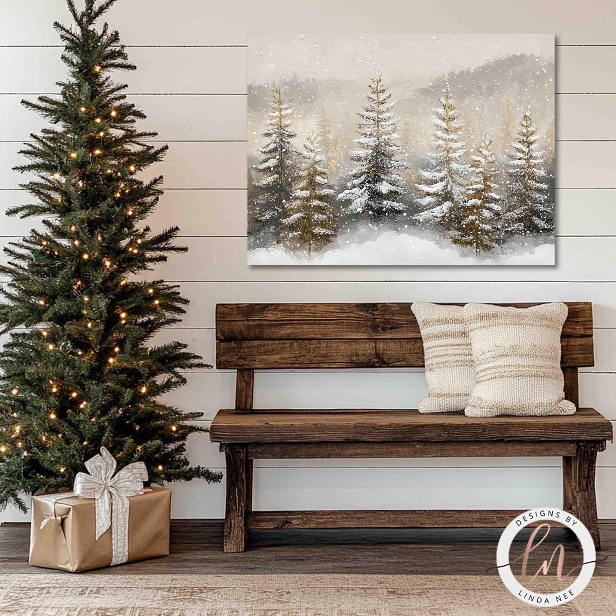 Snowy Christmas Trees - Green & Copper Winter Wall Art