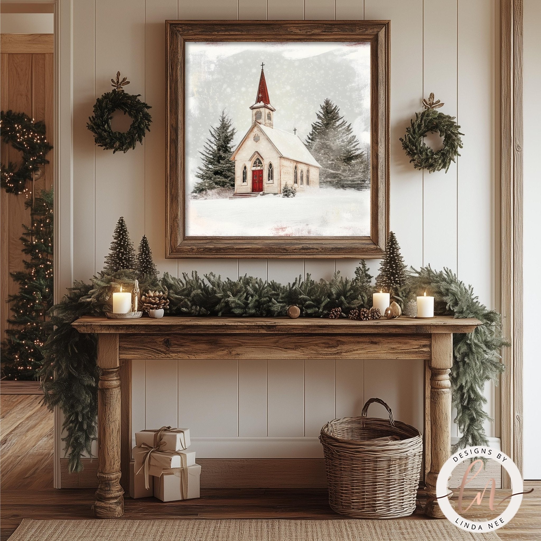 Snowy Church Winter Scene Metal Wall Art - Farmhouse Decor