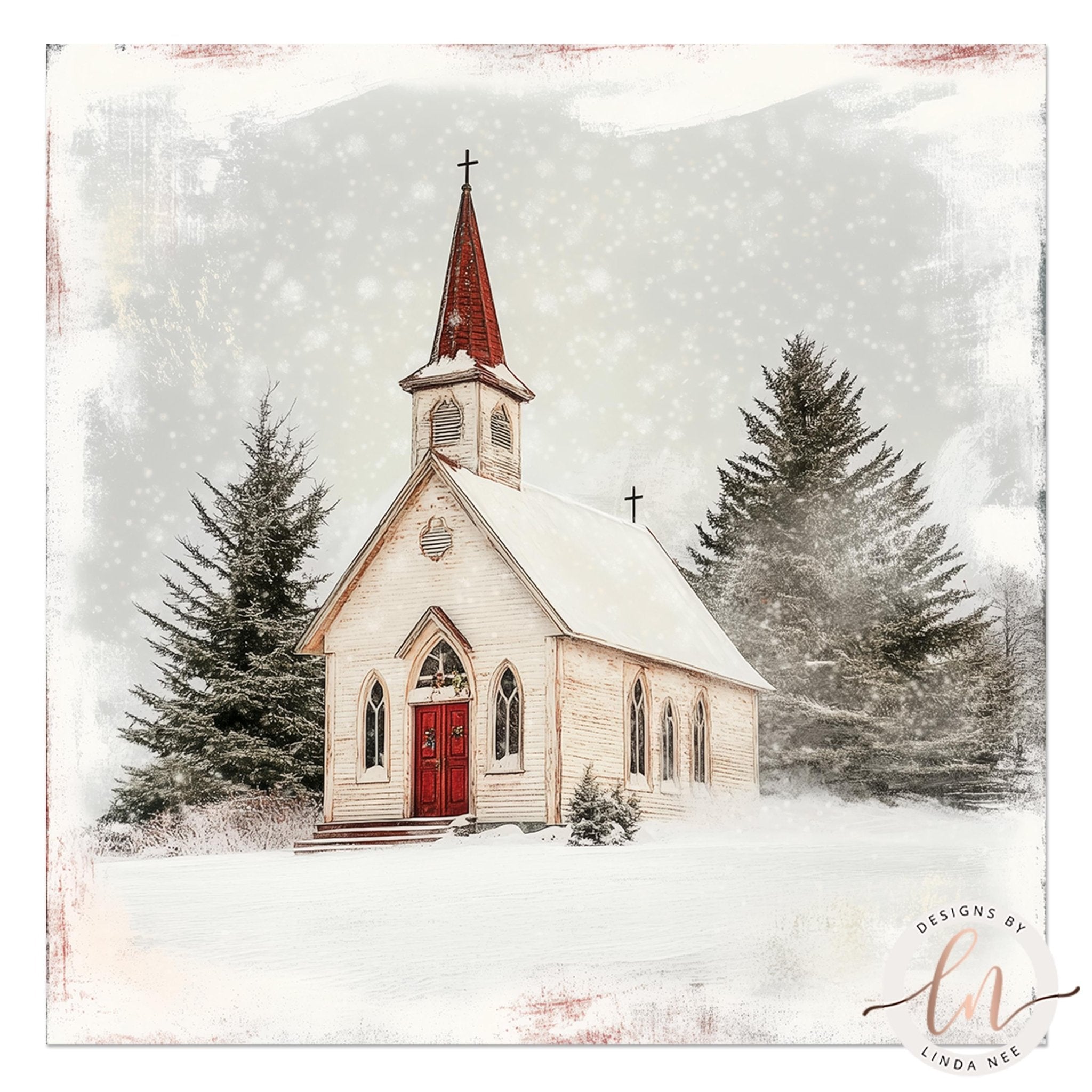 A white church with a red steeple stands in a snowy landscape, surrounded by pine trees.