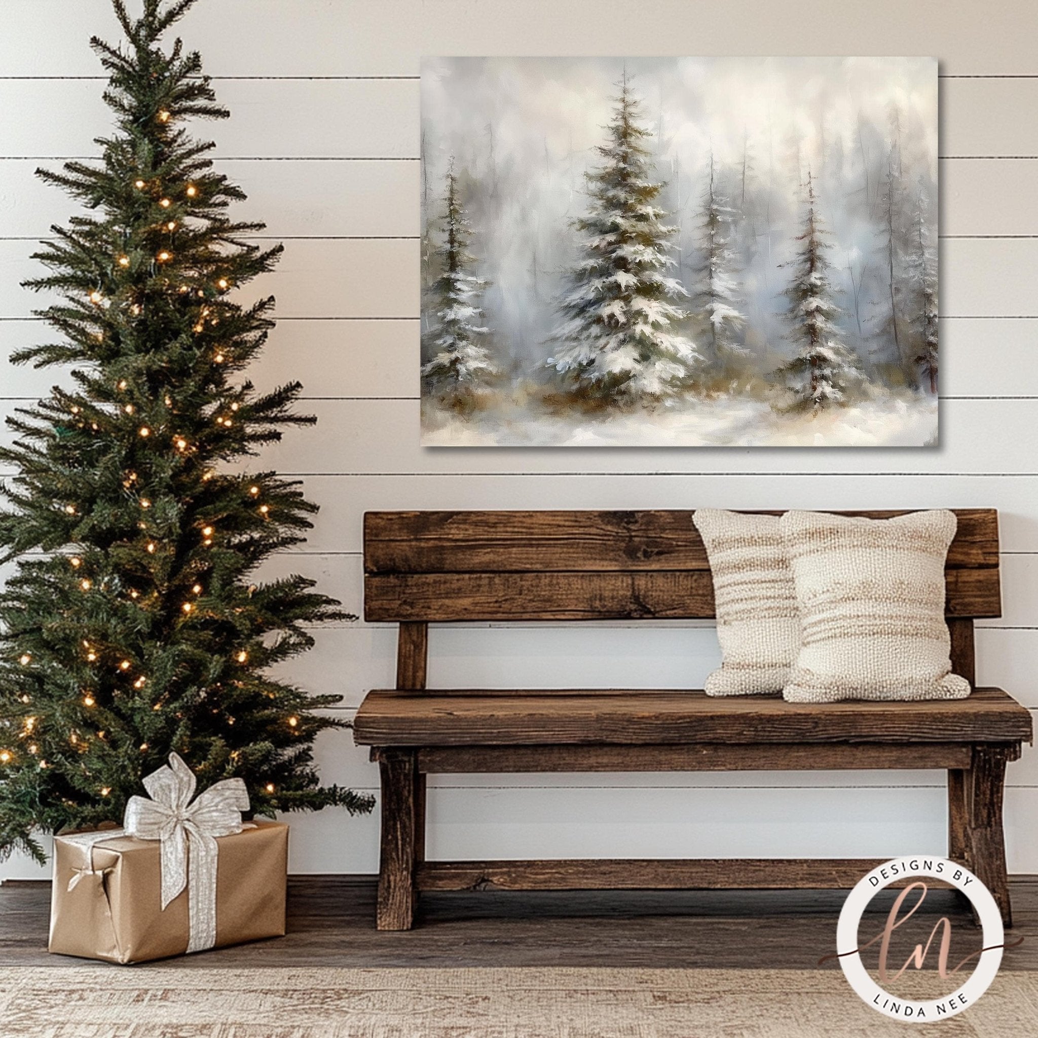 a cozy Christmas scene with a beautifully decorated Christmas tree, a wooden bench with pillows, and a large painting of a snowy forest on the wall above the bench.