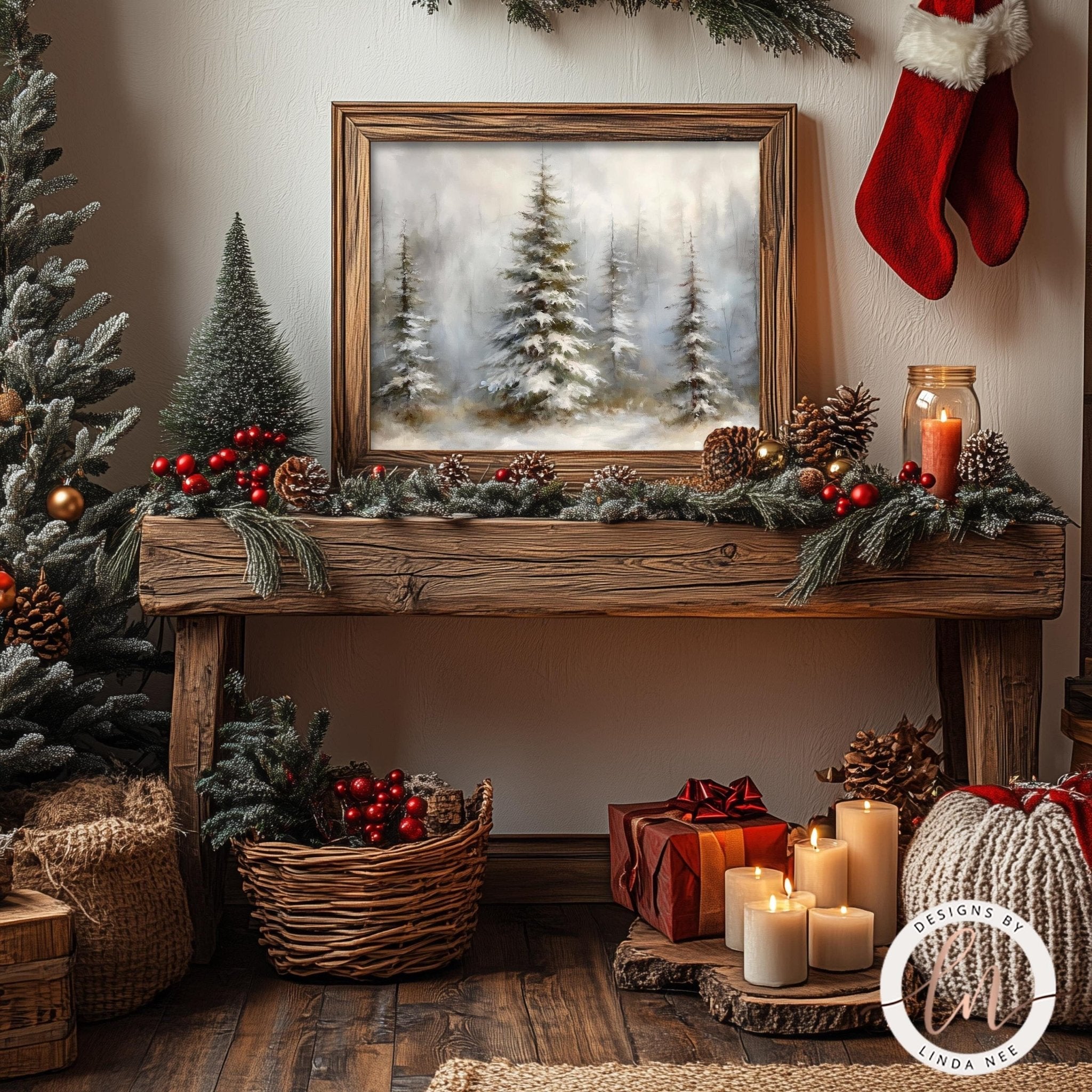 a cozy and festive Christmas scene, featuring a wooden table adorned with a wicker basket filled with red berries, a framed painting of a snowy forest, and a collection of wrapped gifts. The table is surrounded by a variety of holiday decorations, including a Christmas tree, pine cones, and candles, creating a warm and inviting atmosphere.