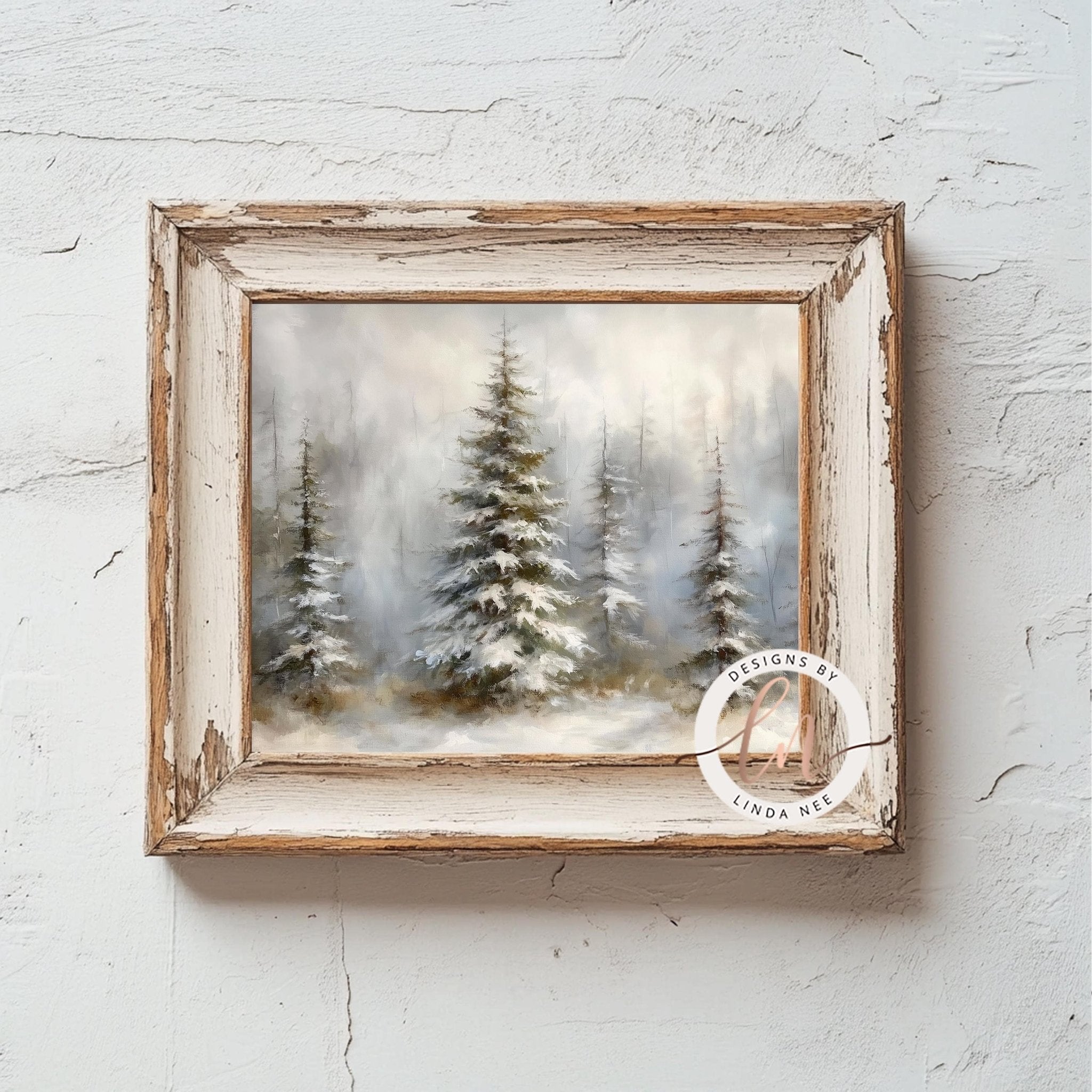A framed painting depicting a snowy forest scene with tall evergreen trees covered in snow.