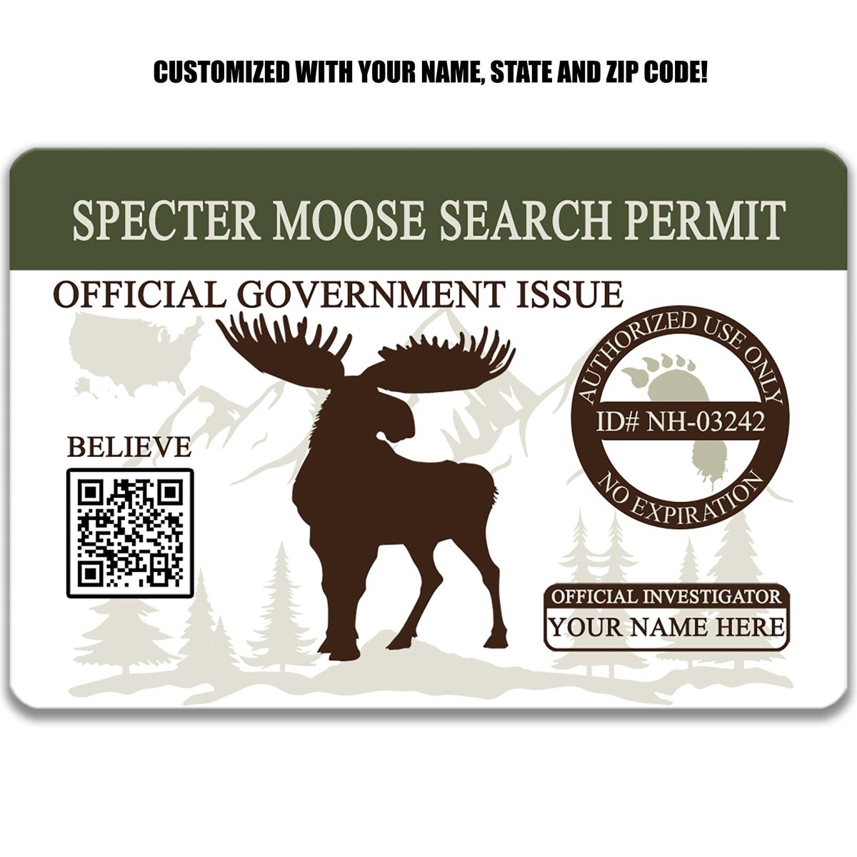 The image is a customized search permit for a Specter Moose, featuring a silhouette of the moose and various elements related to the permit process.