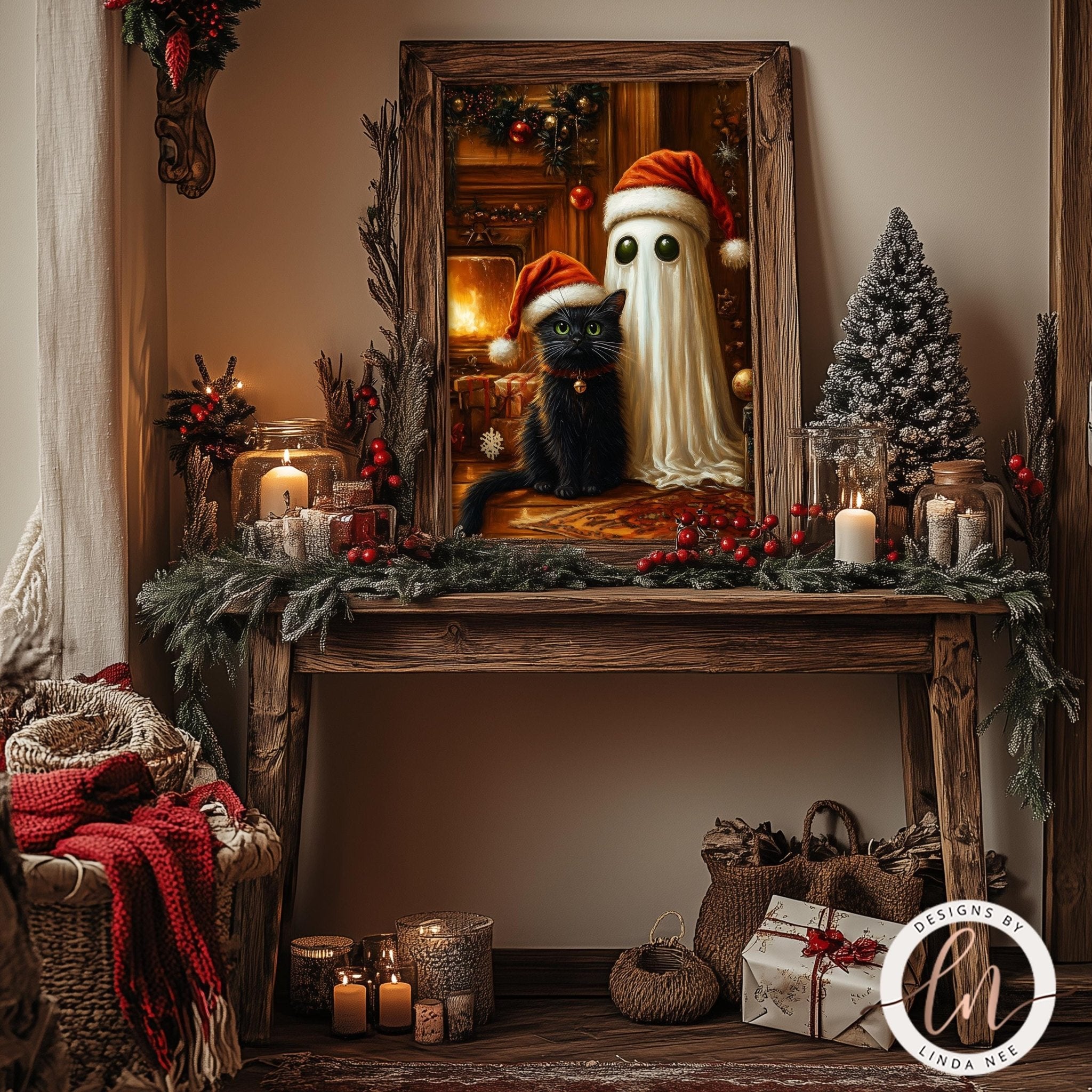 a festive scene with a framed painting of a black cat wearing a Santa hat, surrounded by holiday decorations such as a Christmas tree, garland, and candles.